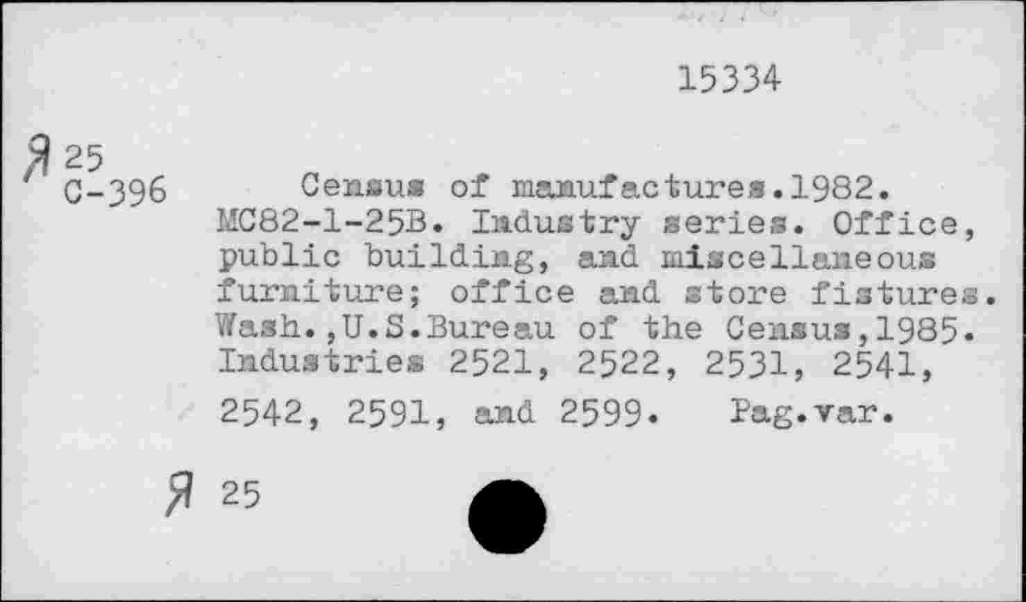 ﻿15334
C-396
Census of manufactures.1982.
MC82-1-25B. Industry series. Office, public building, and miscellaneous furniture; office and store fistures. Wash.,U.S.Bureau of the Census,1985« Industries 2521, 2522, 2531, 2541, 2542, 2591, and 2599. Pag.var.
fl 25